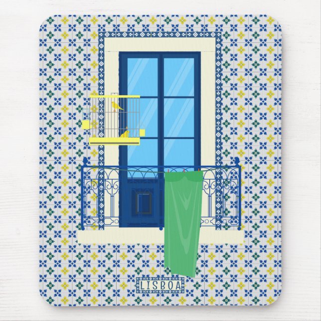 Portuguese tiles and window balcony with bird mouse pad (Front)