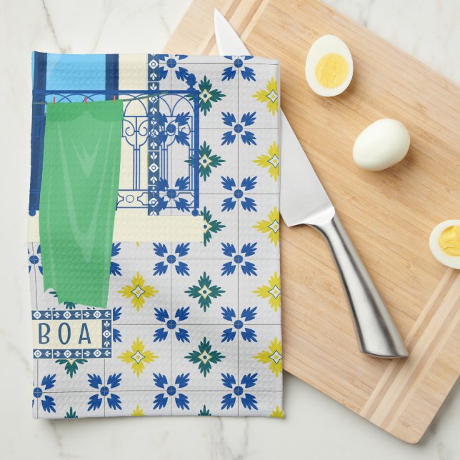 Portuguese tiles and window balcony with bird tea towel (Quarter Fold)