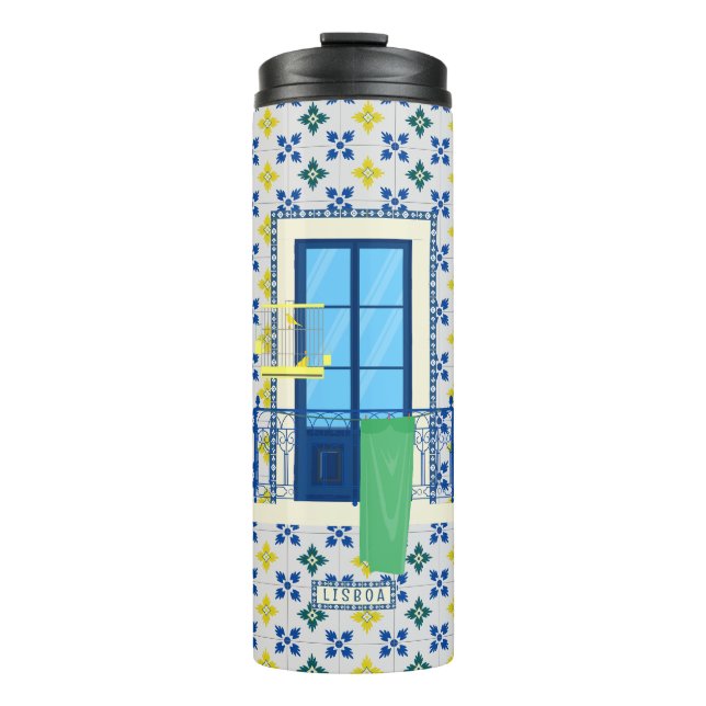 Portuguese tiles and window balcony with bird thermal tumbler (Front)