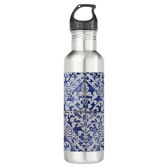 Portuguese Tiles - Azulejo Blue and White Floral 710 Ml Water Bottle (Front)