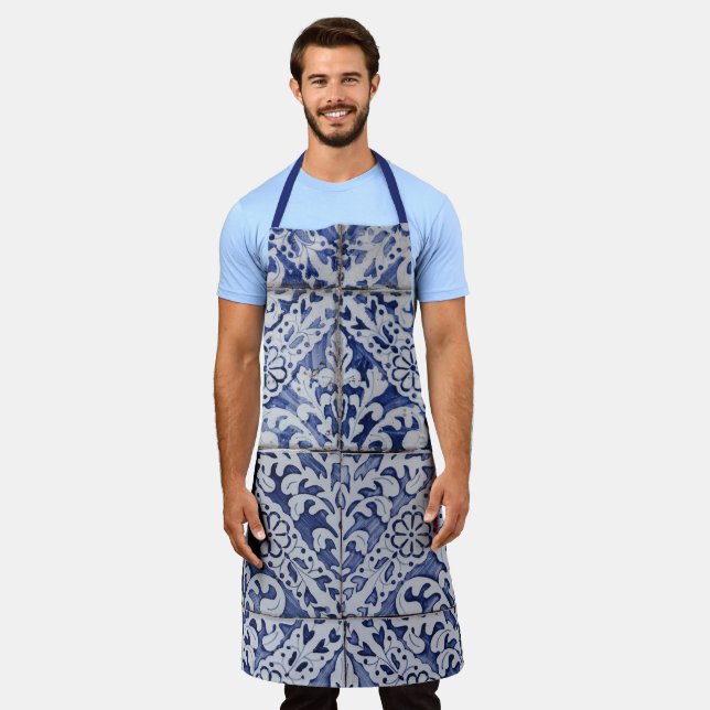 Portuguese Tiles - Azulejo Blue and White Floral Apron (Worn)