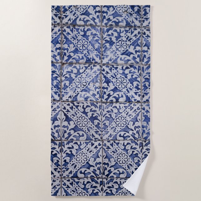 Portuguese Tiles - Azulejo Blue and White Floral Beach Towel (Front)