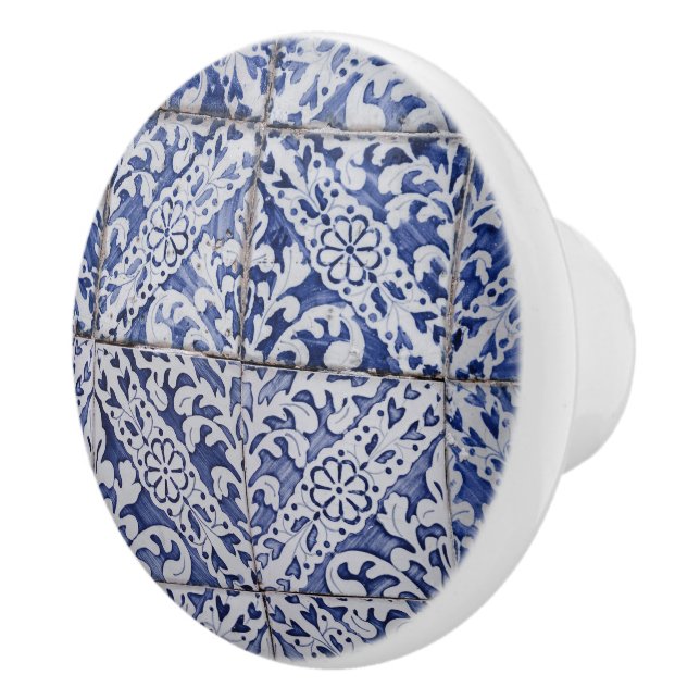 Portuguese Tiles - Azulejo Blue and White Floral Ceramic Knob (Right)