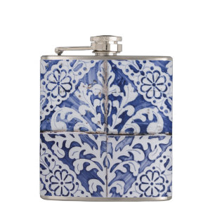 Portuguese Tiles - Azulejo Blue and White Floral Hip Flask