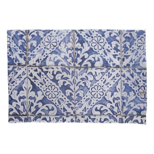 Portuguese Tiles - Azulejo Blue and White Floral Pillowcase (Front)