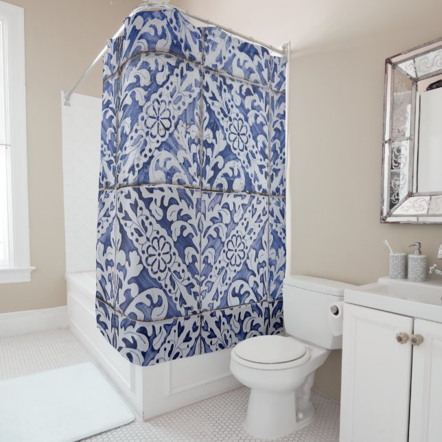 Portuguese Tiles - Azulejo Blue and White Floral Shower Curtain (In Situ)