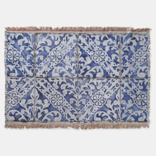 Portuguese Tiles - Azulejo Blue and White Floral Throw Blanket