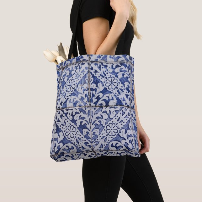 Portuguese Tiles - Azulejo Blue and White Floral Tote Bag (Close Up)