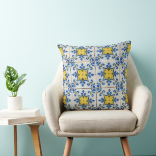 Portuguese Tiles - Azulejo Blue and Yellow Pattern Cushion