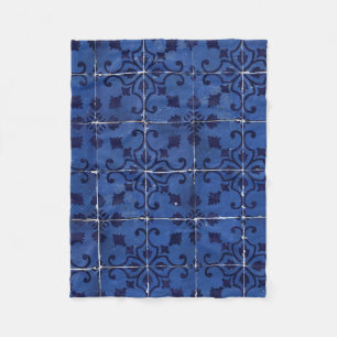 Portuguese Tiles - Azulejo Blue Floral Leaf Design Fleece Blanket