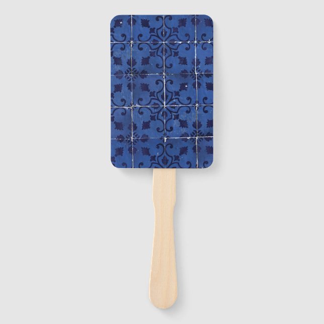 Portuguese Tiles - Azulejo Blue Floral Leaf Design Hand Fan (Front)