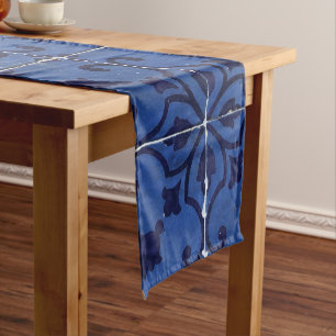 Portuguese Tiles - Azulejo Blue Floral Leaf Design Short Table Runner