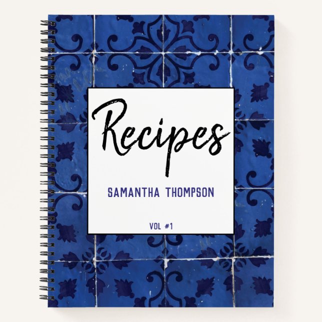 Portuguese Tiles Azulejo Blue Floral Leaf Recipes Notebook (Front)
