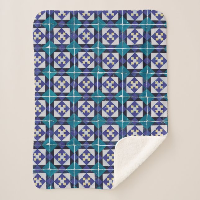 Portuguese Tiles - Azulejo Diamond Geometric Sherpa Blanket (Front)