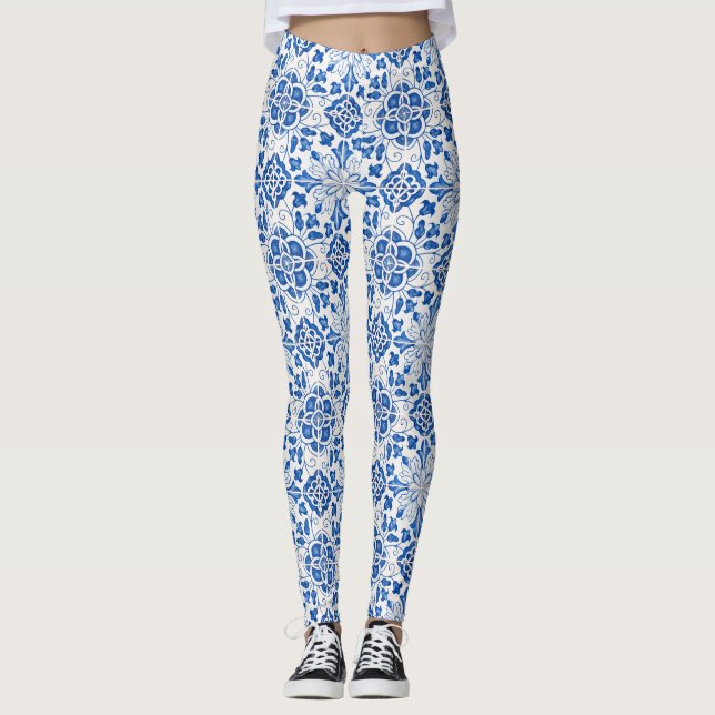 Portuguese tiles Azulejo Pattern Yoga Pants Blue (Front)