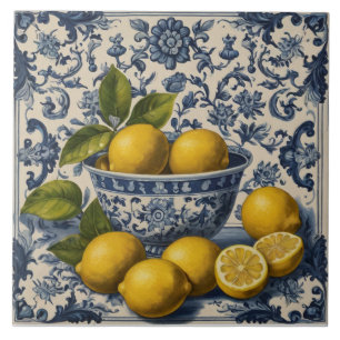 Portuguese Tiles Azulejos Lemons Vintage Blue