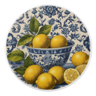 Portuguese Tiles Azulejos Lemons Vintage Blue   Ceramic Knob