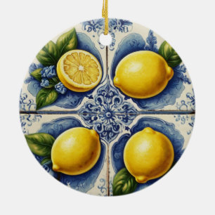 Portuguese Tiles Azulejos Lemons Vintage Blue Ceramic Tree Decoration