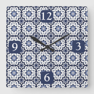 Portuguese Tiles Azulejos Vintage Blue And White Square Wall Clock