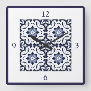 Portuguese Tiles Azulejos Vintage Blue And White Square Wall Clock