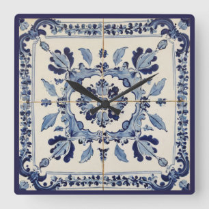 Portuguese Tiles Azulejos Vintage Blue And White Square Wall Clock
