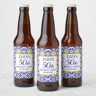 Portuguese Tiles Blue 50th Birthday Mediterranean  Beer Bottle Label