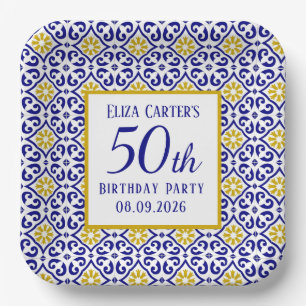 Portuguese Tiles Blue 50th Birthday Mediterranean  Paper Plate