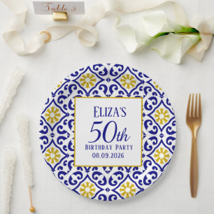 Portuguese Tiles Blue 50th Birthday Mediterranean  Paper Plate