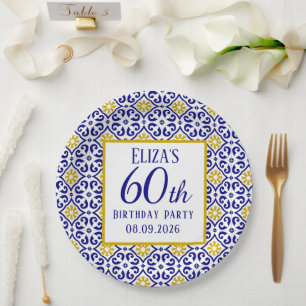 Portuguese Tiles Blue 60th Birthday Mediterranean Paper Plate