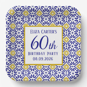 Portuguese Tiles Blue 60th Birthday Mediterranean  Paper Plate