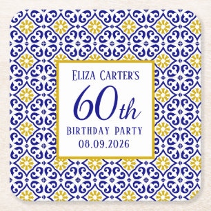 Portuguese Tiles Blue 60th Birthday Mediterranean Square Paper Coaster
