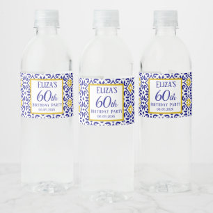 Portuguese Tiles Blue 60th Birthday Mediterranean  Water Bottle Label