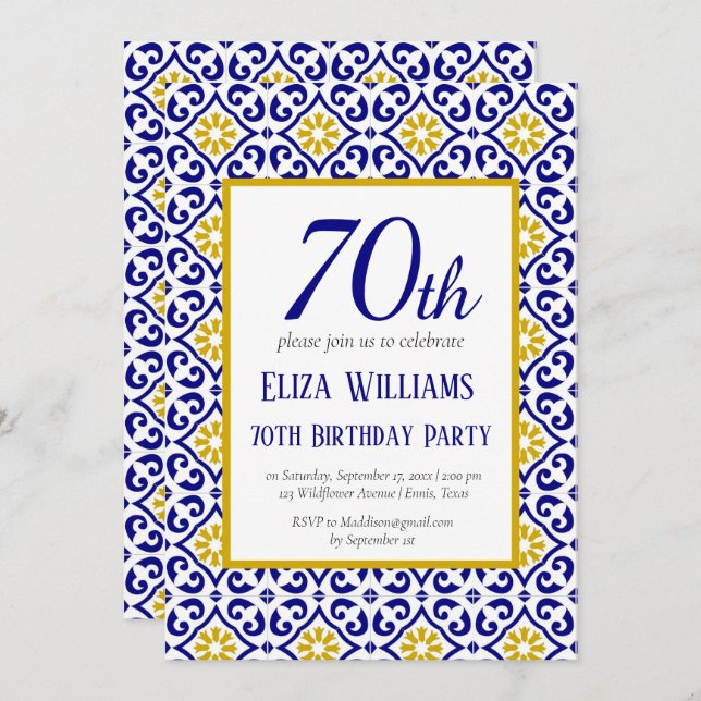 Portuguese Tiles Blue 70th Birthday Mediterranean  Invitation (Front/Back)