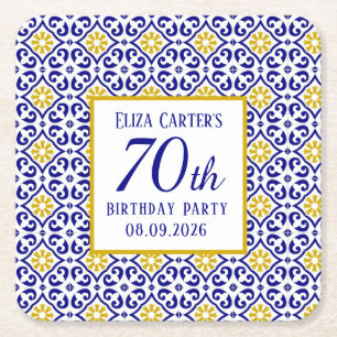 Portuguese Tiles Blue 70th Birthday Mediterranean Square Paper Coaster