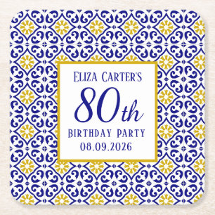Portuguese Tiles Blue 80th Birthday Mediterranean Square Paper Coaster