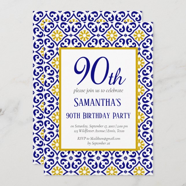 Portuguese Tiles Blue 90th Birthday Mediterranean  Invitation (Front/Back)