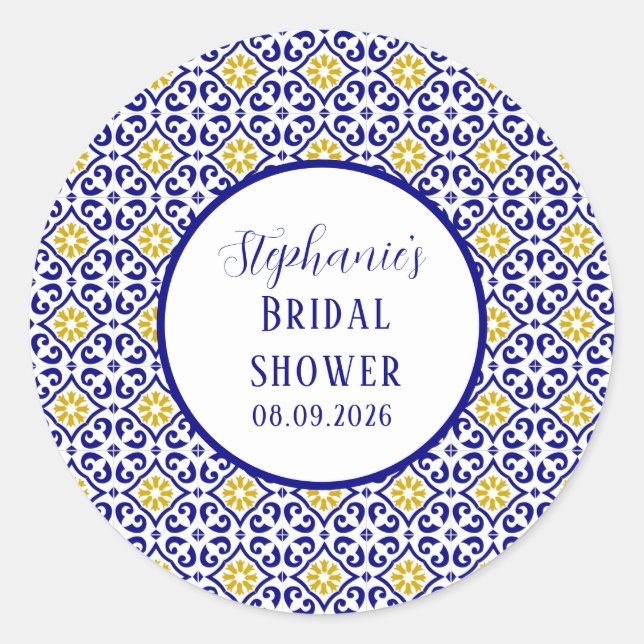 Portuguese Tiles Blue Mediterranean Bridal shower Classic Round Sticker (Front)