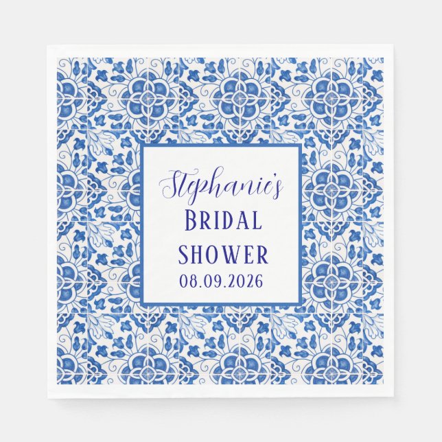 Portuguese Tiles Blue Mediterranean Bridal shower Napkin (Front)