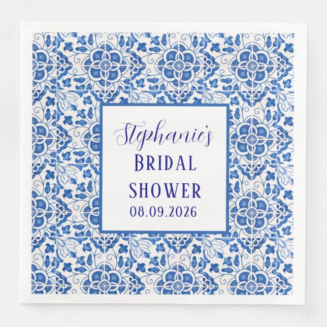 Portuguese Tiles Blue Mediterranean Bridal shower Napkin (Front)