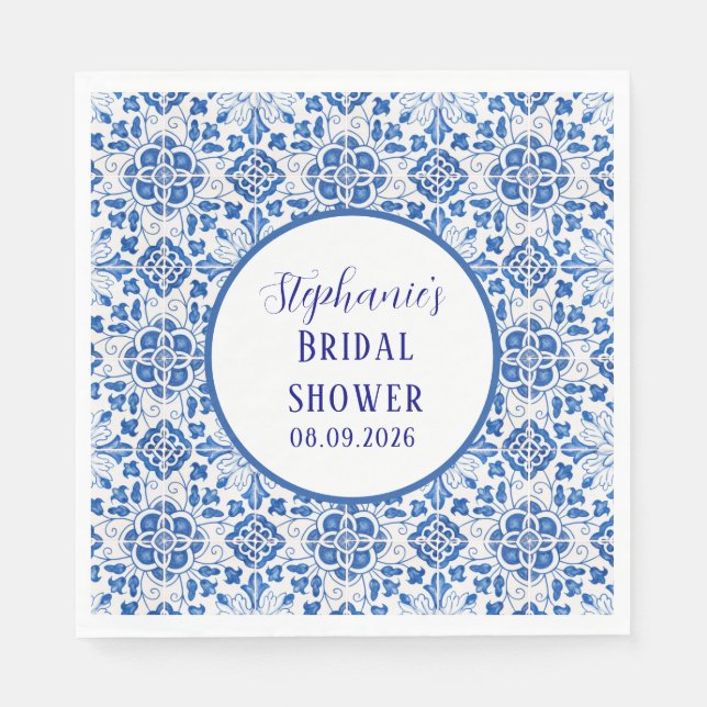 Portuguese Tiles Blue Mediterranean Bridal shower Napkin (Front)