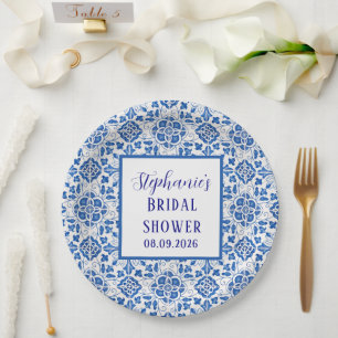 Portuguese Tiles Blue Mediterranean Bridal shower Paper Plate