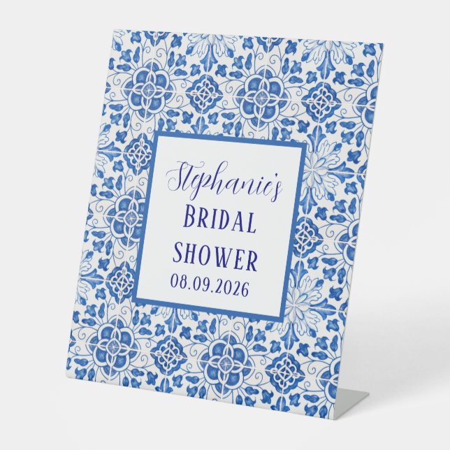 Portuguese Tiles Blue Mediterranean Bridal shower Pedestal Sign (Front)