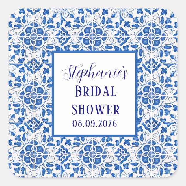 Portuguese Tiles Blue Mediterranean Bridal shower Square Sticker (Front)