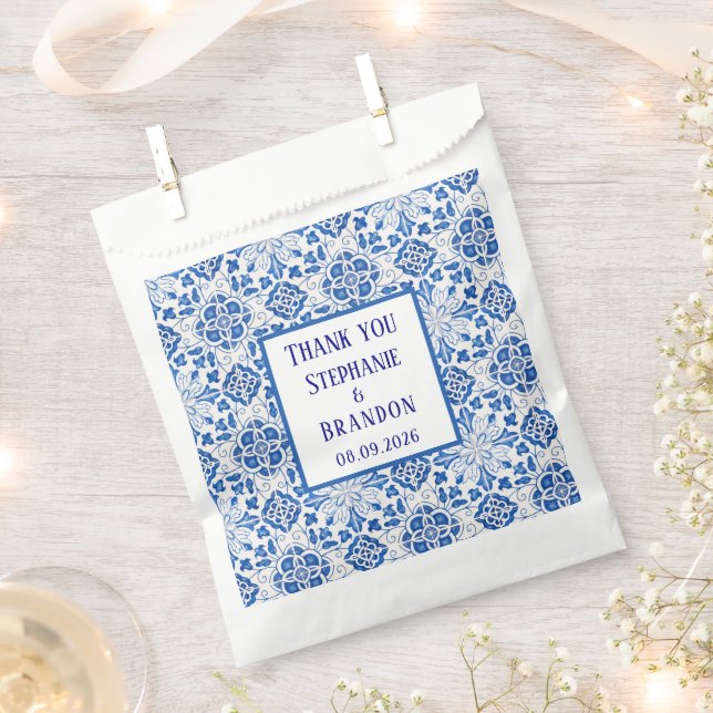 Portuguese Tiles Blue Mediterranean Wedding Favour Bags (Clipped)
