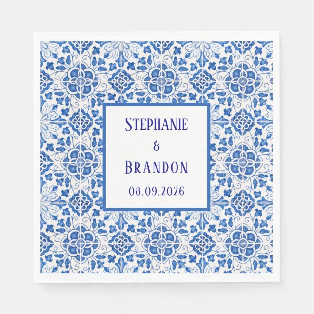 Portuguese Tiles Blue Mediterranean Wedding Napkin (Front)