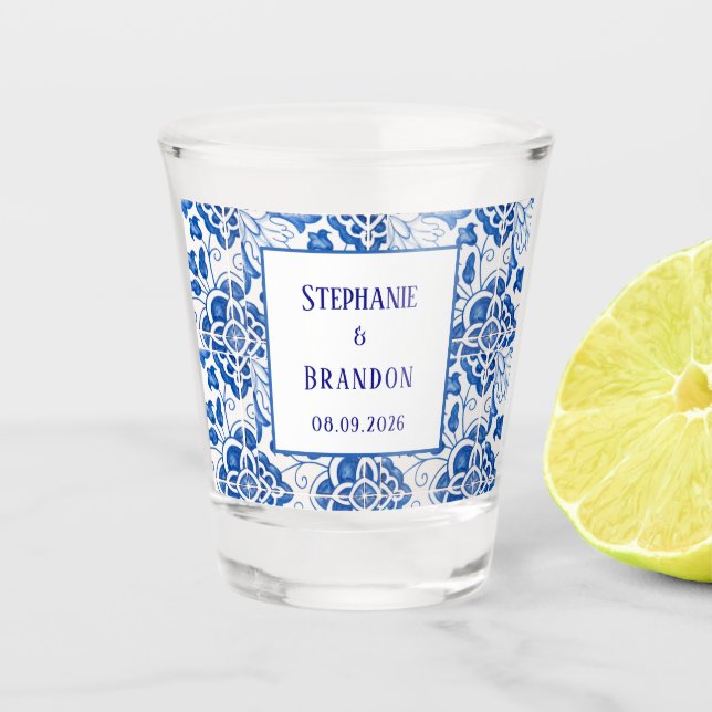 Portuguese Tiles Blue Mediterranean Wedding Shot Glass (Front)