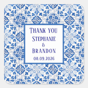Portuguese Tiles Blue Mediterranean Wedding Square Sticker