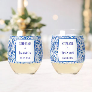Portuguese Tiles Blue Mediterranean Wedding Stemless Wine Glass