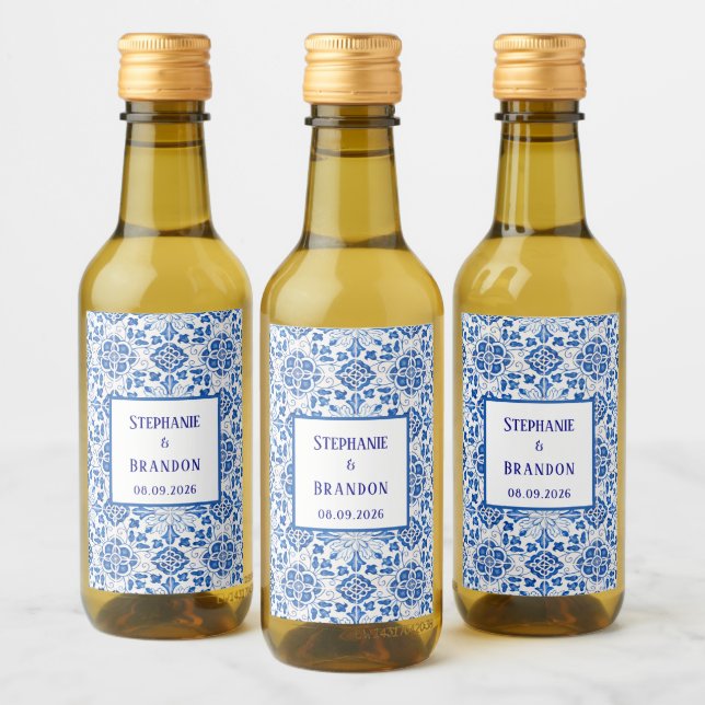 Portuguese Tiles Blue Mediterranean Wedding Wine Label (Bottles)