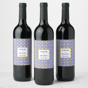Portuguese Tiles Blue Mediterranean Wedding Wine Label